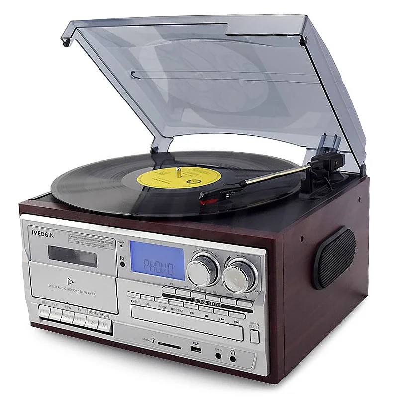 

Vinyl Record Player Modern Gramophone Multi-function Record Player CD Tape Radio Bluetooth USB Built-in Speaker Remote Control