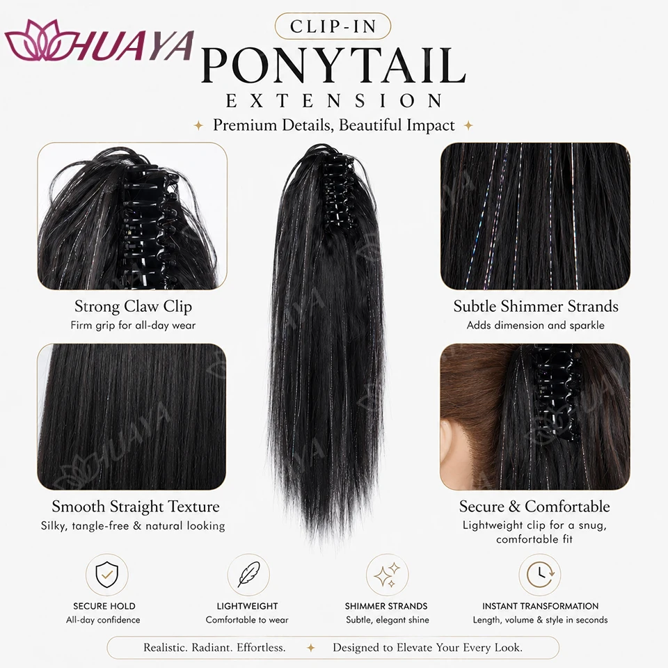 Synthetic Claw clip Ponytail Straight and Long hair with Shiny Stripes Easy to wear Suitable for Women's party daily Styling