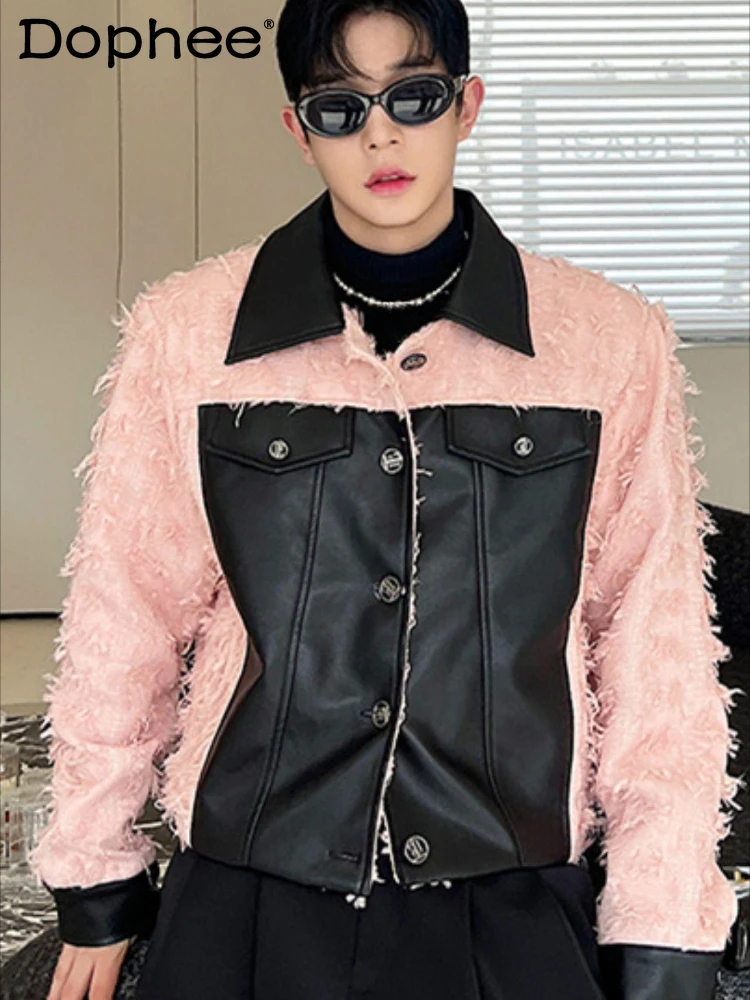 Masculinity Feather Patchwork Leather Design Fashion Jacket Men's High-End Chic Tops Long Sleeve Lapel Jackets Trendy Male Coats