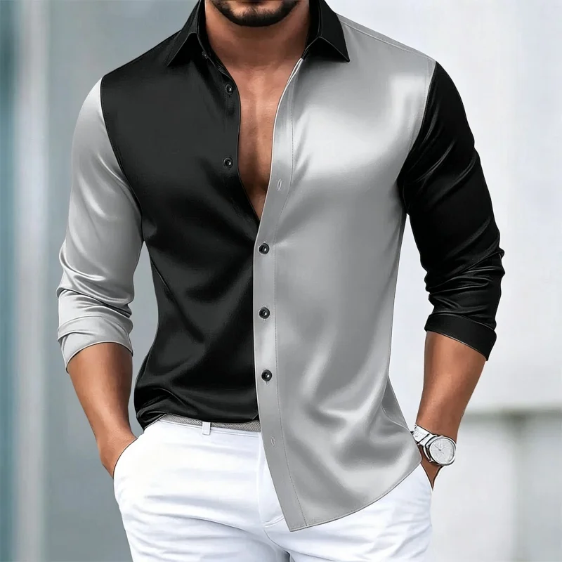 Men's shirt black and white gray contrasting color splicing shirt slim fit lapel cardigan casual shirt trendy men's XS-6XL