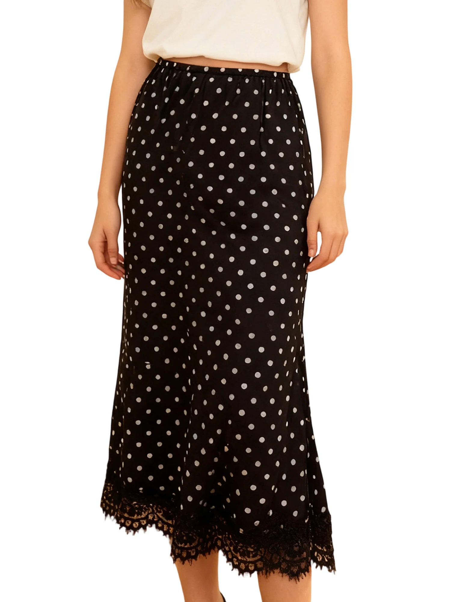 Womens Summer Long Skirt Dot Print Lace Trim Hem Stylish Skirt for Casual and Party Wear