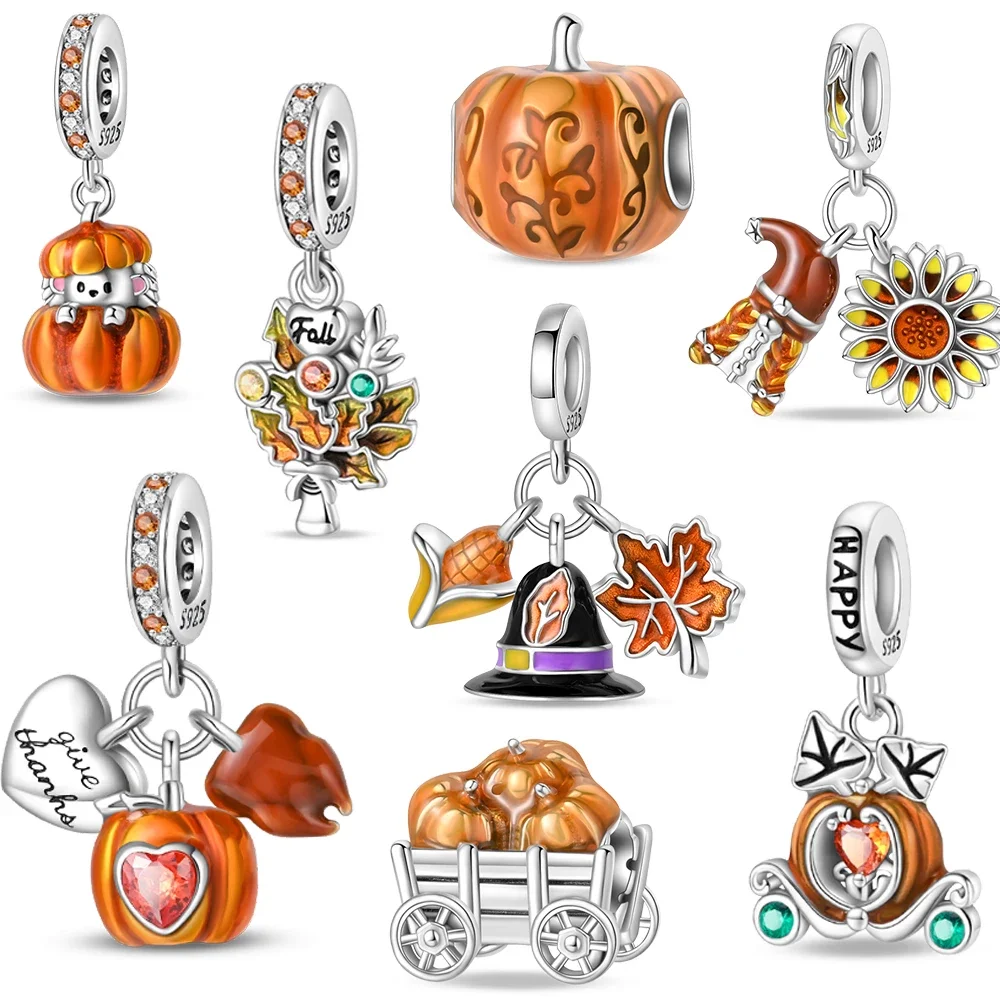 

Autumn Series Pumpkin Carriage,Maple Leaf & Magic Hat Dangle Charm Fits 3mm Bracelet Girl 925 Sterling Silver Halloween Beads