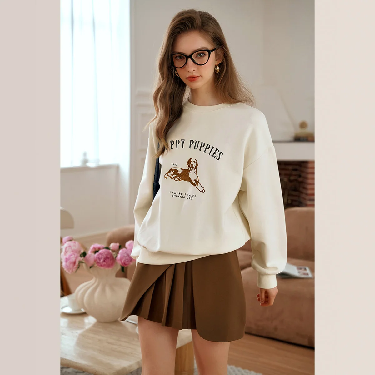 OLrain Women's Sweatshirts Animal Embroider Knitted Sweater Autumn 2025 American Retro Loose Round Neck Ladies Tops M56QR69165