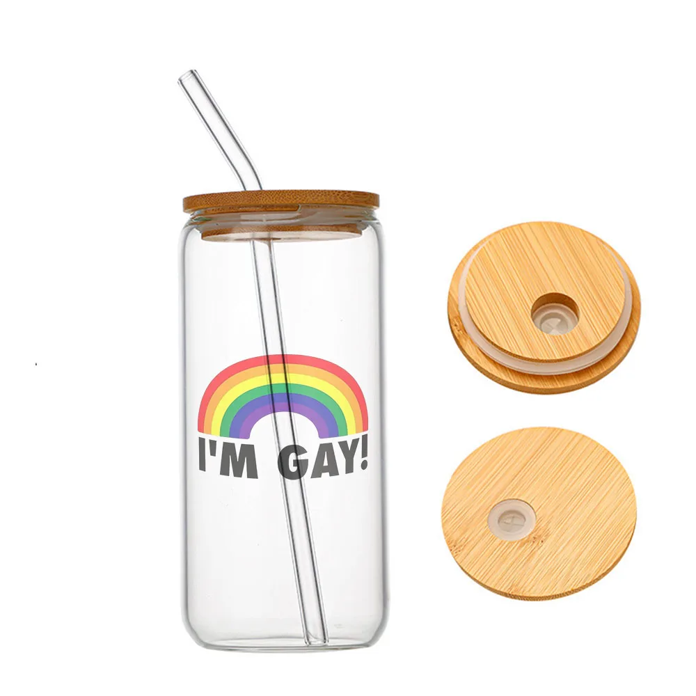 

I'm Gay Rainbow Glass For Heat Resistant High Drinking Cup With Straws Lids 16 oz