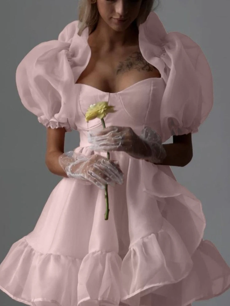 

FDYOUI Woman Clothes Puff Sleeve High Waist Pink Ball Gown 2026 Summer Backless Zipper Tunics Ruched A-line Birthday Party Dress