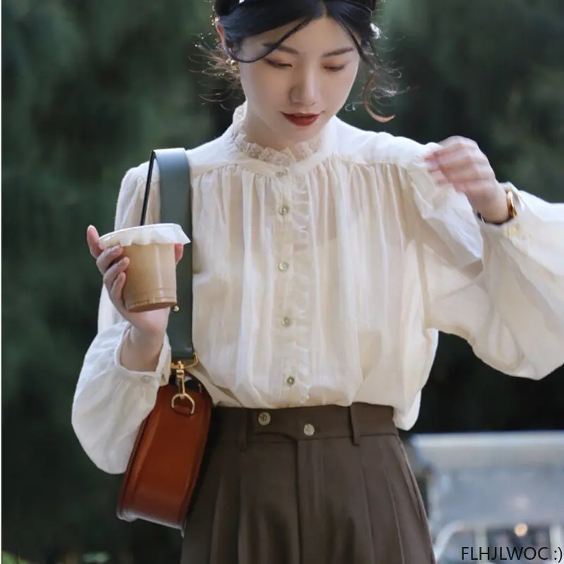 Thin Transparent Lace Tops Women Korea Style Design 2023 French Elegant Office Lady Cute Girls Chic Ruffles Basic Shirts Blouse