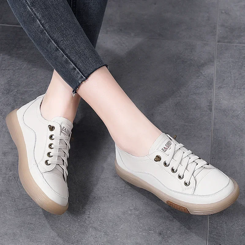 Genuine Leather Shoes for Women Luxury Casual Shoes Low Top Flat Women Tennis Sneakers Wide Toe Soft Ladies Little While Shoe