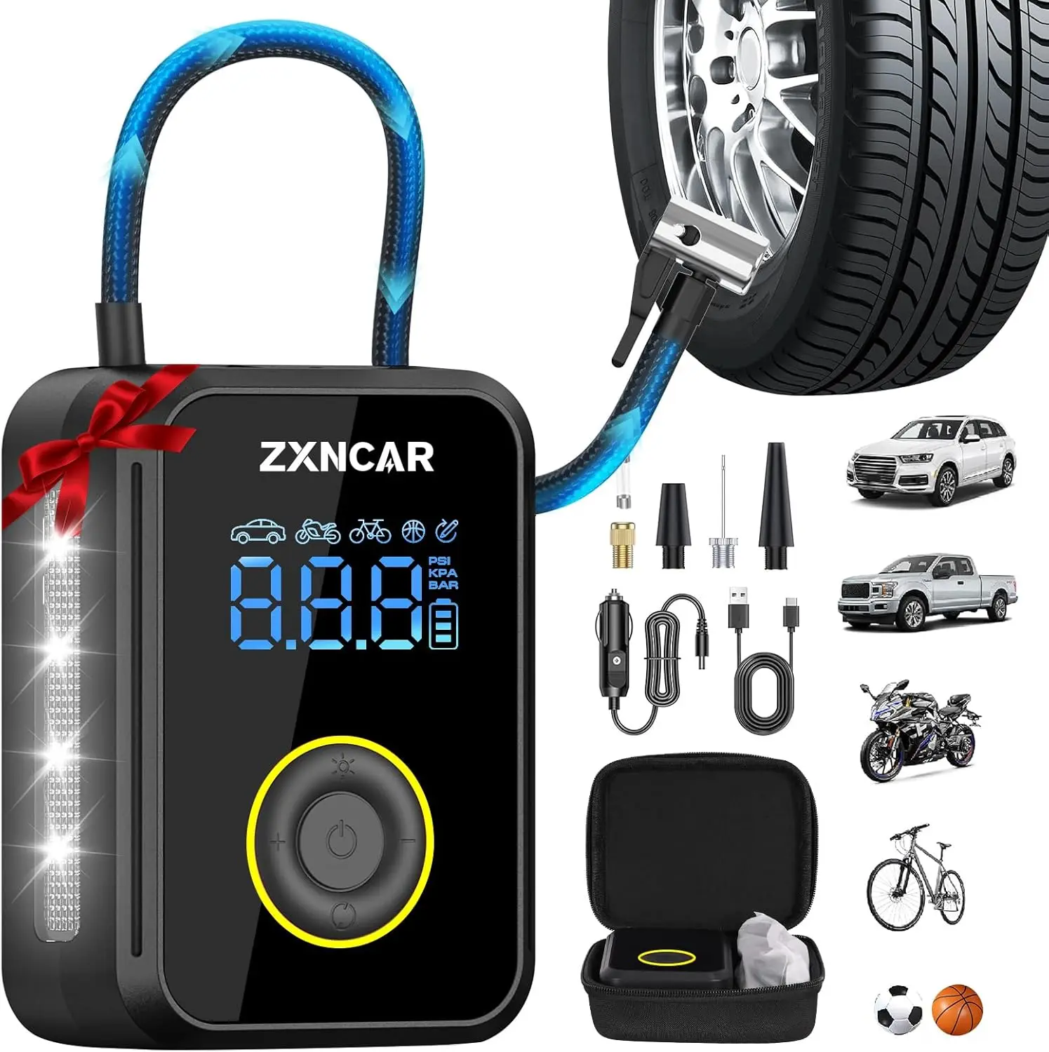 

4X интеллектуальный насос для накачивания шин, портативный воздушный компрессор с манометром 200PSI для автомобилей, велосипедов, мотоциклов