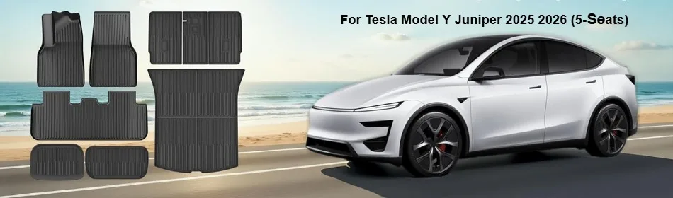 Fußmatten, Kofferraumverkleidung für Tesla Model Y Juniper 2025 2026, 5 Sitze, TPE, wetterfest, rutschfest, verschleißfest, doppellagige Teppiche – Detail 3