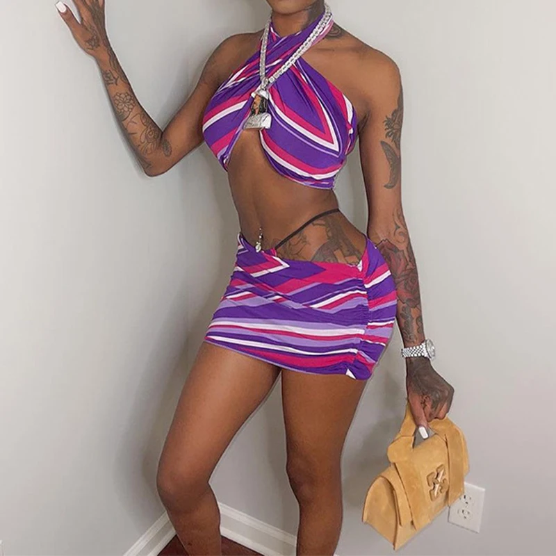 

BKLD 2025 музыкальный фестиваль сексуальные контрастные цвета наряды из 3 предметов для женщин Холтер жилет с перекрестной шнуровкой + трусики + юбка нестандартной формы отпуск