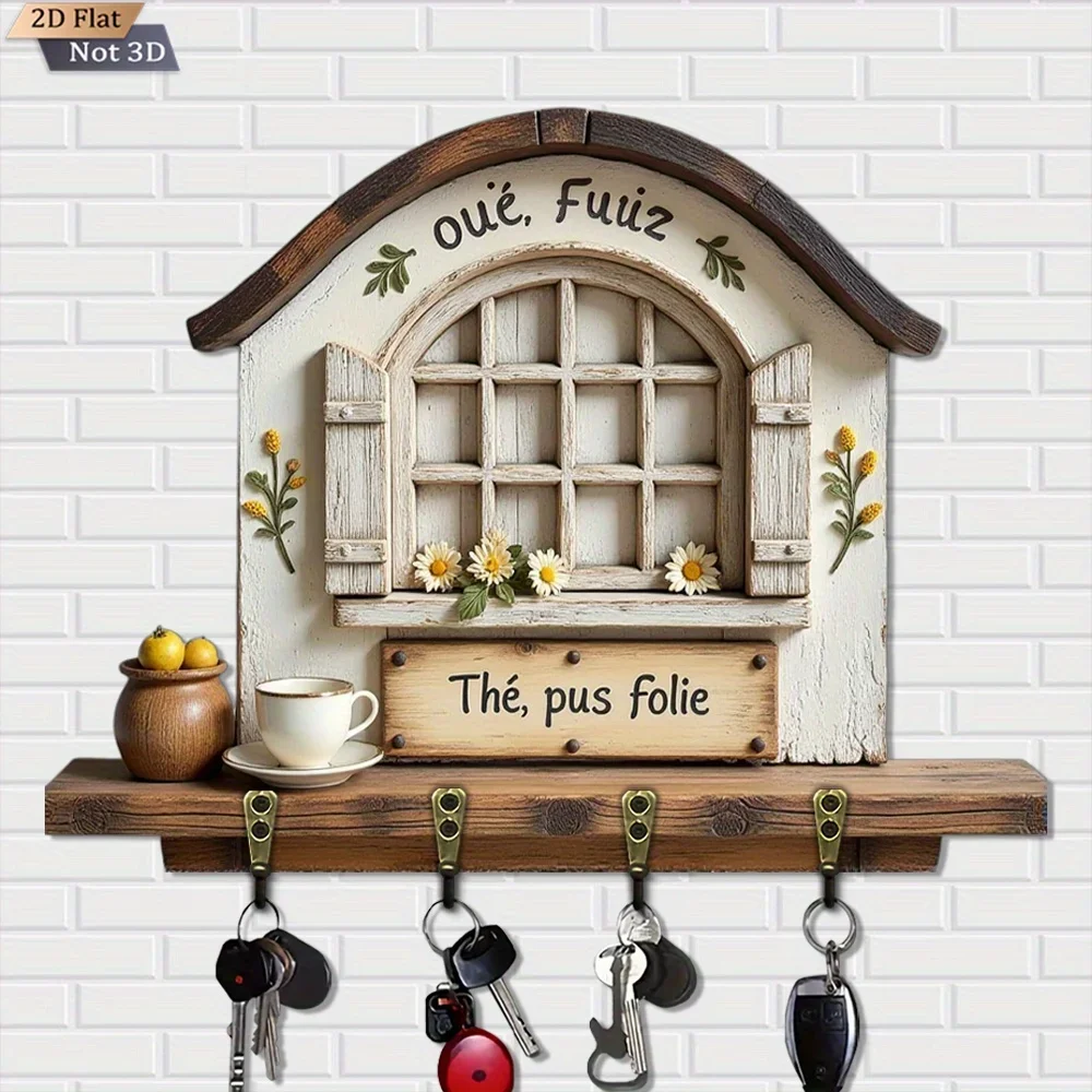 2D Flat, 1pc, House-shaped flower-decorated key hook, wooden multi-functional home key rack, with four metal hooks, wall