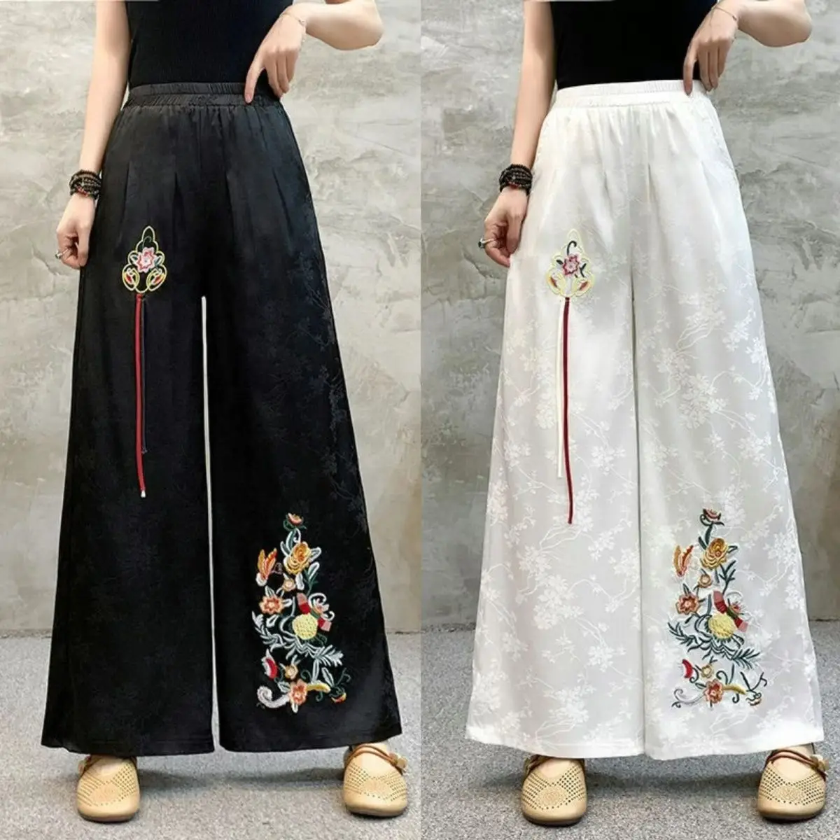 

Новые летние дышащие брюки-палаццо с цветочной вышивкой, длинные брюки в национальном стиле с эластичной резинкой на талии, китайский стиль