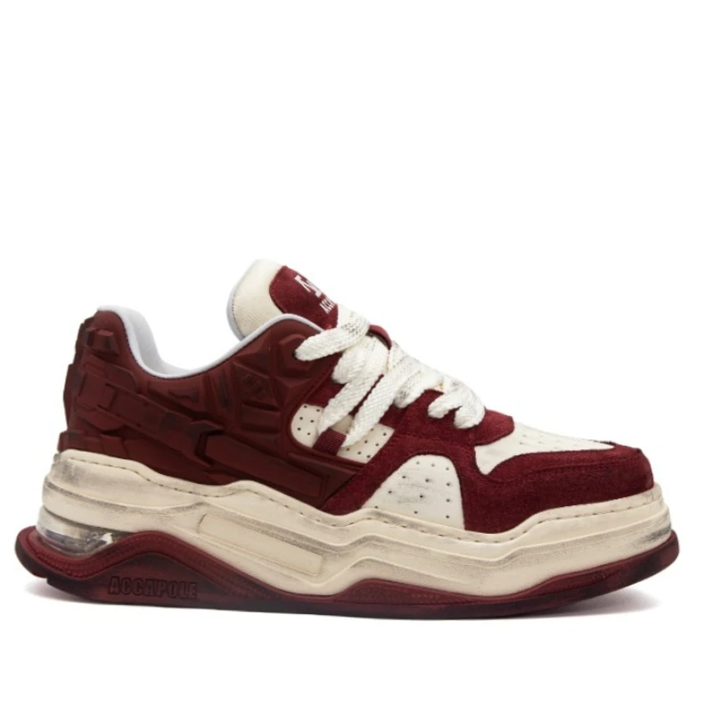 

Genuine Leather Old Dirty Fashion Thick Soled Skateboard Shoes for Men's Sneakers Retro Dark Red Cow Velvet Sports Casual Shoes