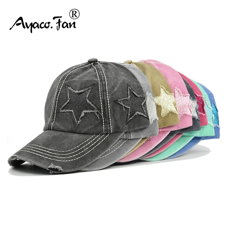 Hole Star Baseball Cap New Spring Sunhat Washed Girls Women Cotton Snapback Caps Fashion Hip Hop Vintage Female Ponytail Hat