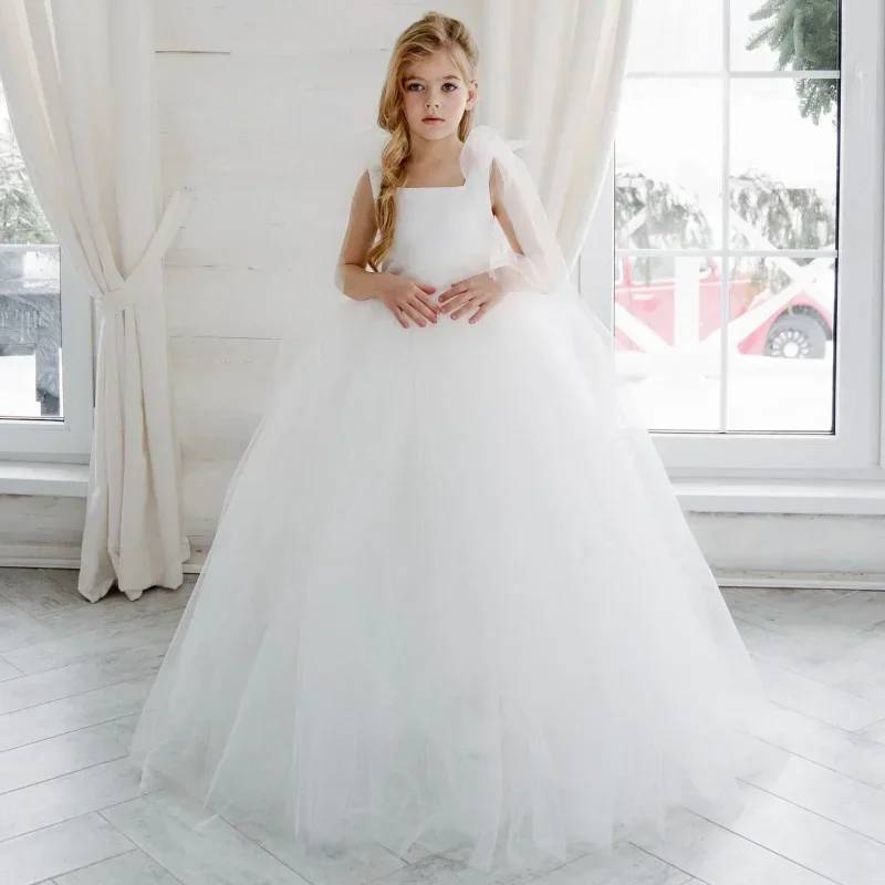 Birthday Party Banquet Holy Communion Gowns Customized Flower Girl Dress White Tulle With Bow Sleeveless For Wedding