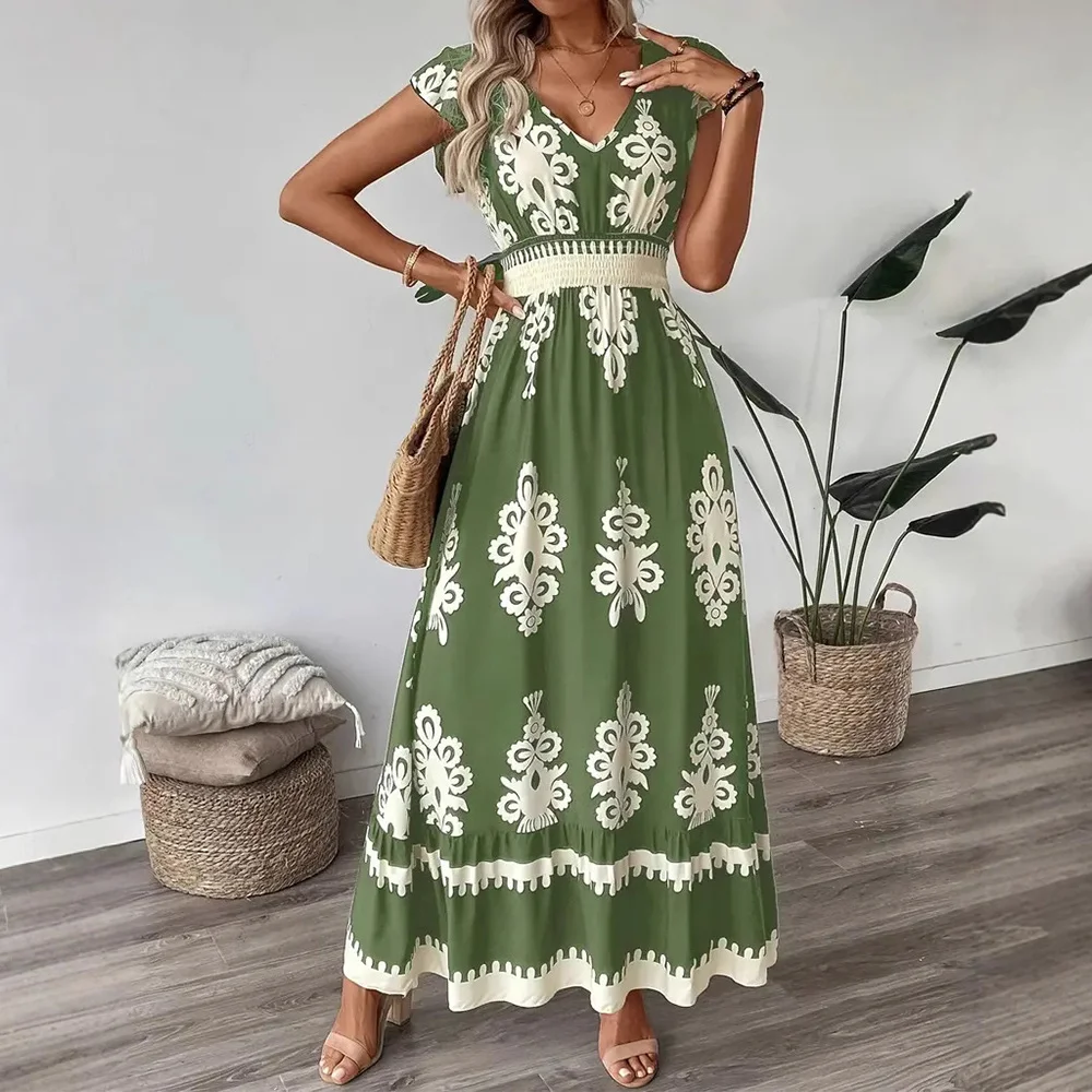 Dresses Summer Casual Paisley Nipped Waists Short Sleeve V-Neck Midi Daily Shirt Dresses For Women