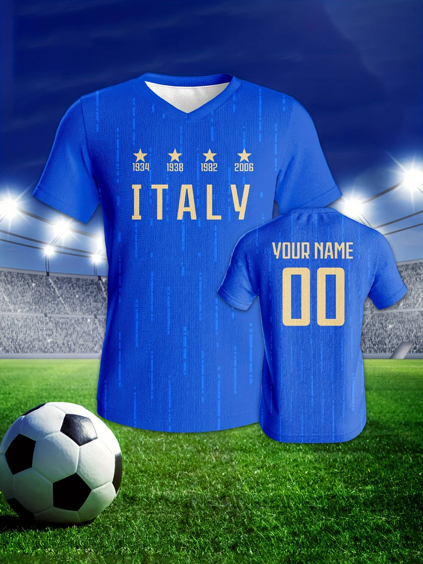 

Sports Shirt for Training & Matches, Blue with Golden Accents, Polyester Fabric, Perfect for Casual or Athletic Wear,Soccer Gear