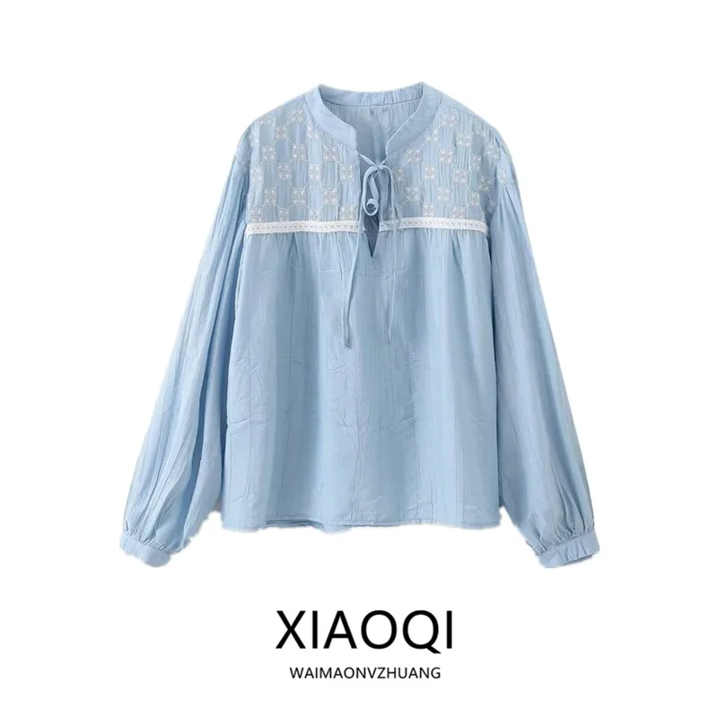 

Spring Summer 2024 Women's Slimming Versatile Embroidered round Ne Long Sve irt Loose Fit Lantern Sve Regular Length