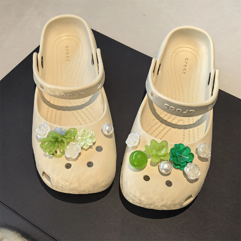 Shoe Charms Ballet Clog Summer Green Fresh Beaded Flower Sequin Faux Pearl Decoration Lightweight Small Women Girls Daily