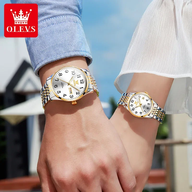 Olevs 6666 luxury automatic mechanical couple watch waterproof stainless steel lover anniversary his or her watch set