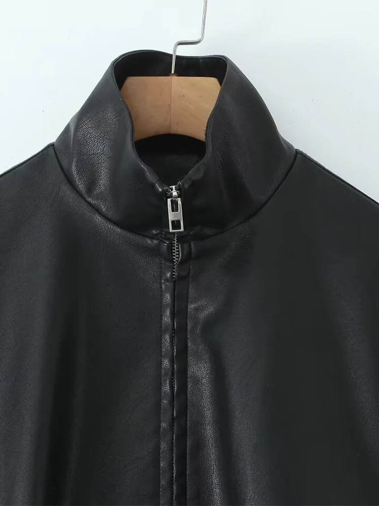 Jaqueta de couro estilo europeu e americano para mulheres primavera e outono retro solto estilo motocicleta design jaqueta com zíper