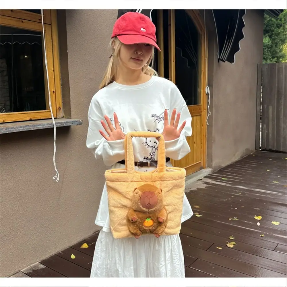 Cartoon Capybara Handbag Large Capacity Korean Style Plush Doll Tote Bag Soft Magnetic Buckle Fluffy Shoulder Bag Girl Gift