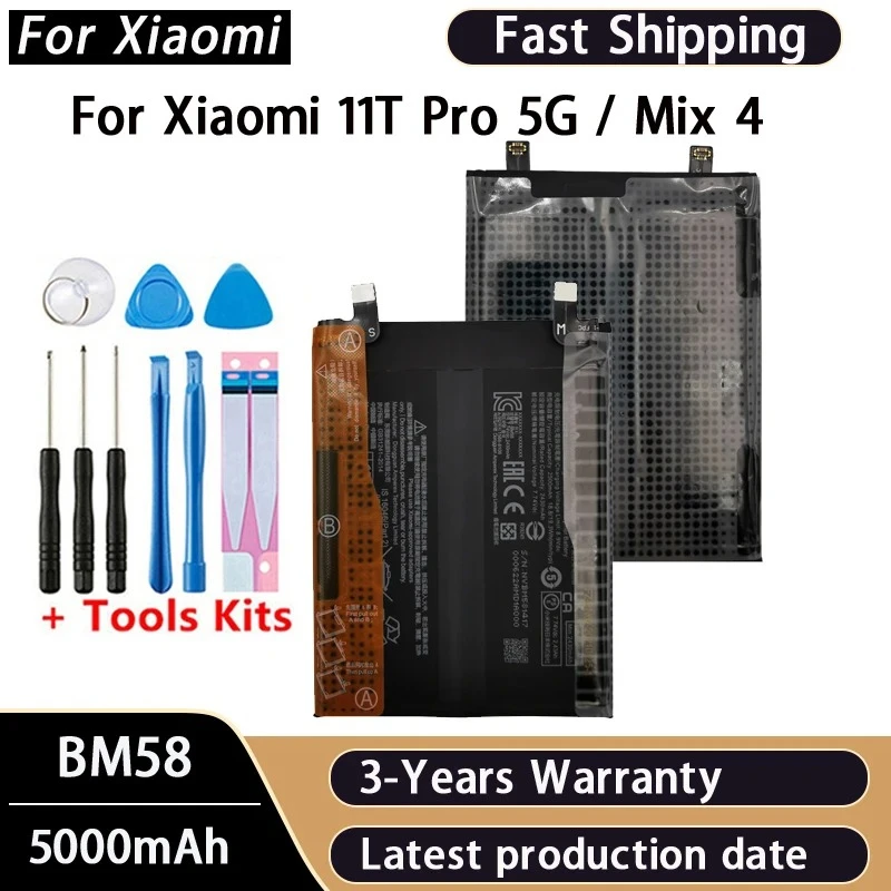 100% New BM58 For Xiaomi 11T Pro 5G Mix 4 Mix4 Battery 5000mAh Cellphone Replacement Batteries Bateria Batterij+Tools