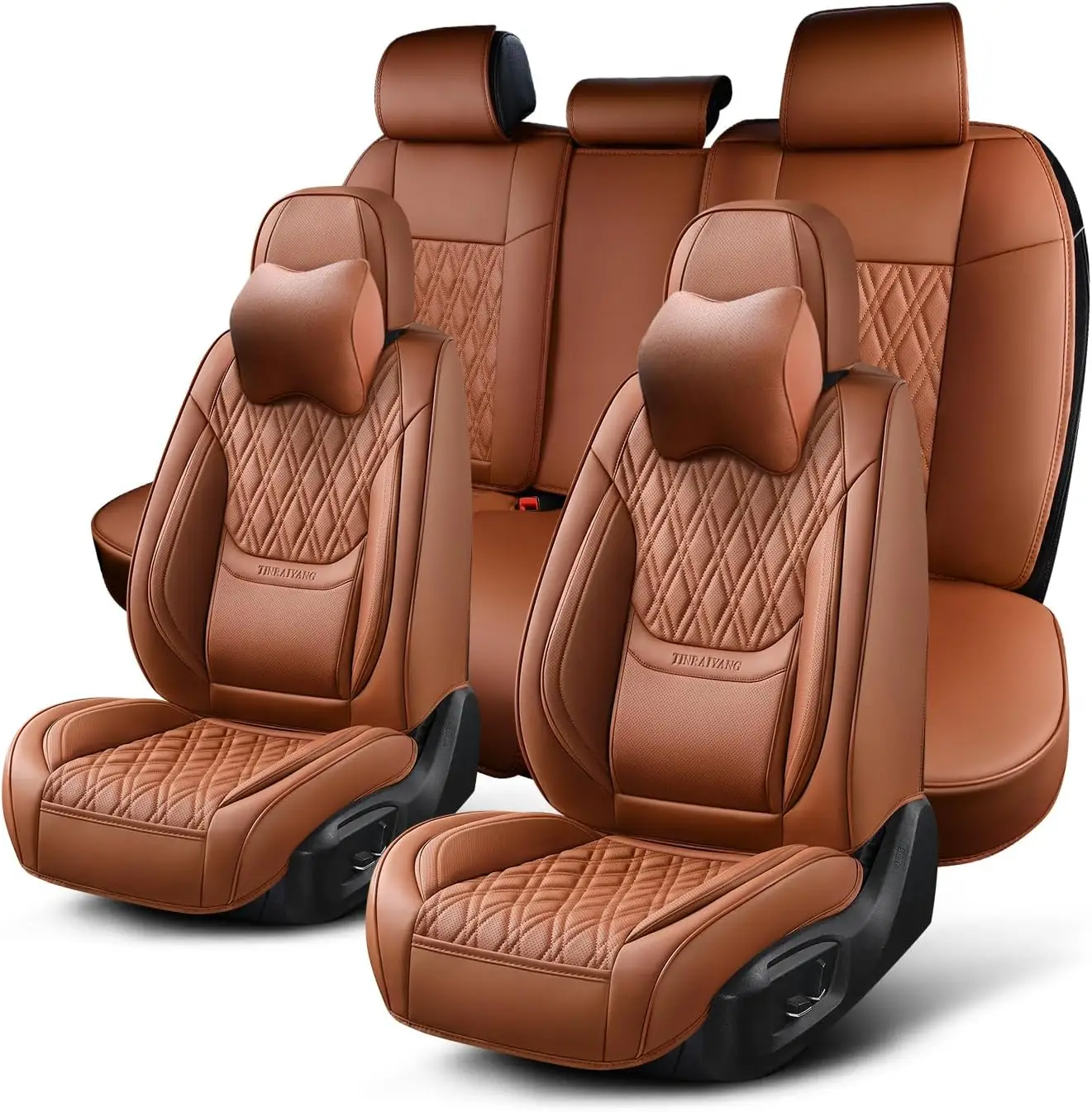 Universal Automotive Seat Covers for Most Sedans, SUVs and Pick - up Trucks - Breathable Leather, Brown, Full Set
