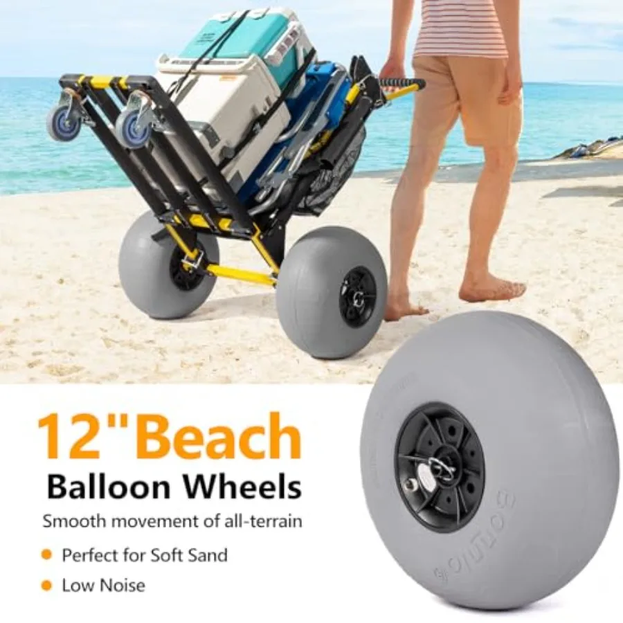 عربة شاطئ 2 في 1 قابلة للطي مع 12 عجلات بالون كبيرة لسطح البضائع الكبير الرملية لمغامرات الشاطئ وصيد الأسماك تتضمن F #4