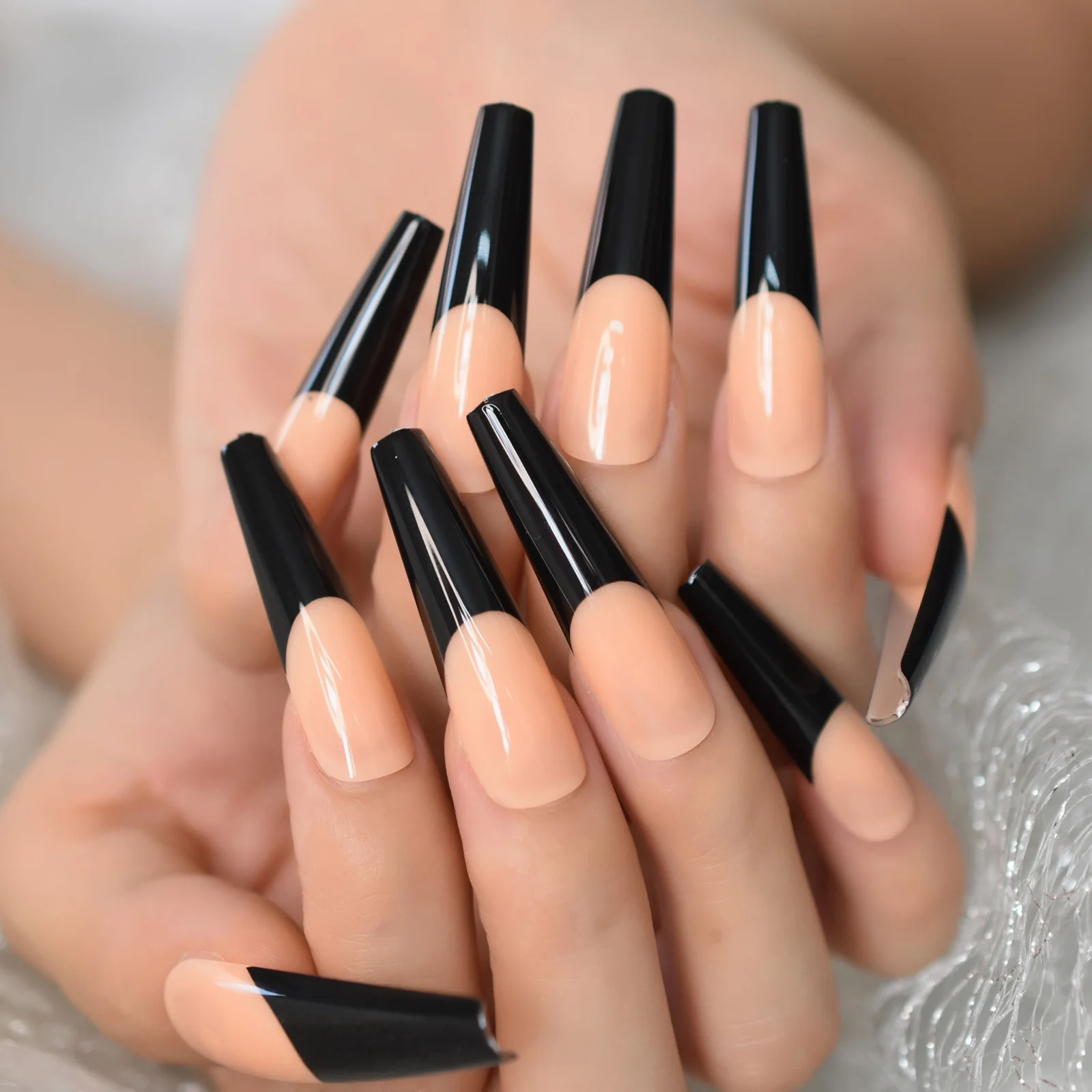 Glossy Black French Press on False Nails Super Long Coffin Ballerina Shape Gel Orange Nude Fingersnails Ballet Clip for Lady