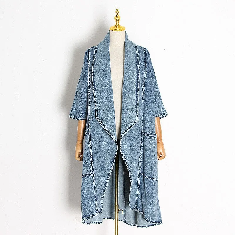Women's Trendy Long Blue Denim Jacket Autumn Three-Quarter Sleeve Irregular Trench Coat