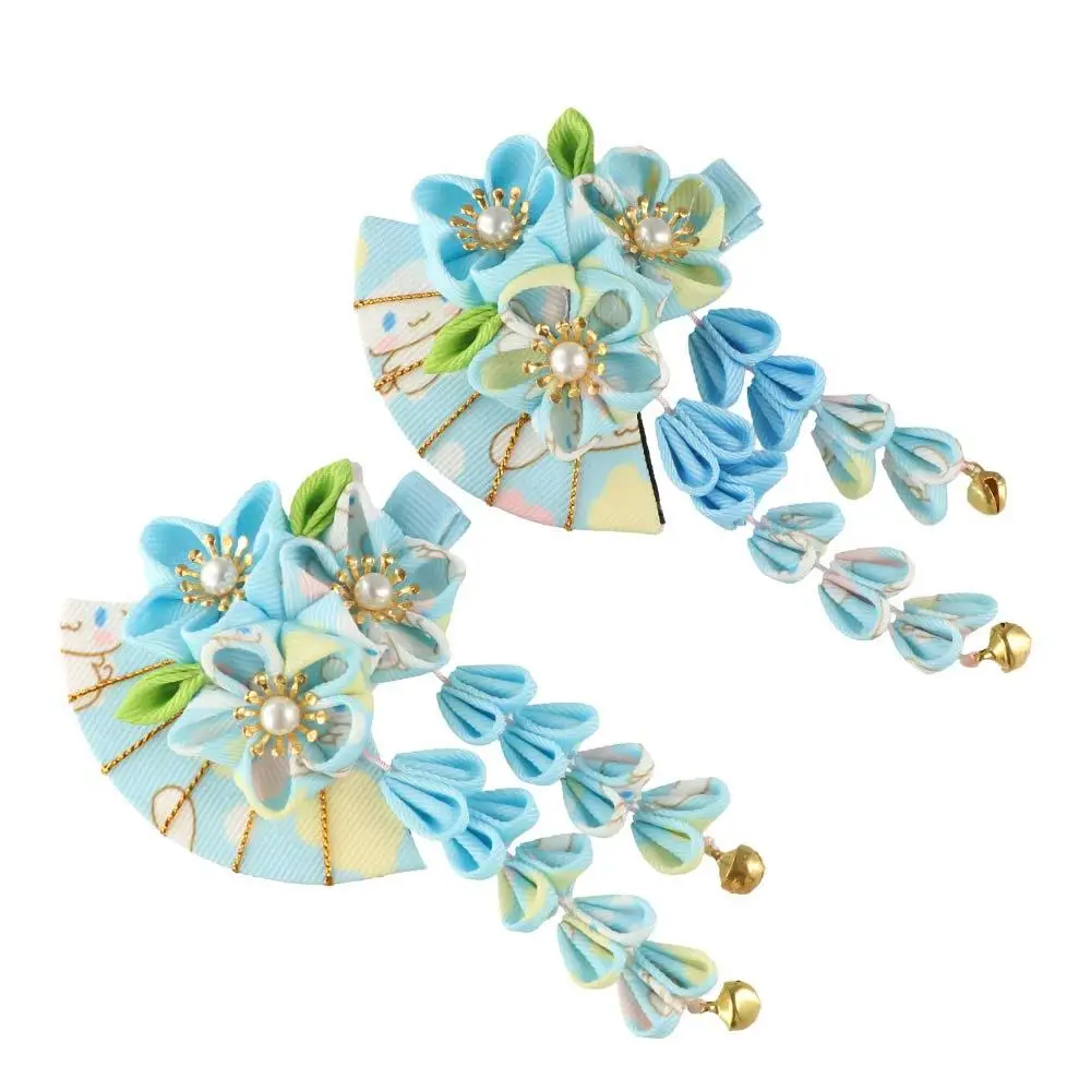 Cute Tassels Tassel Fan Hairpin Flower Cloth Japanese Kimono Headwear Sakura Hanfu Fan Hair Clip Children