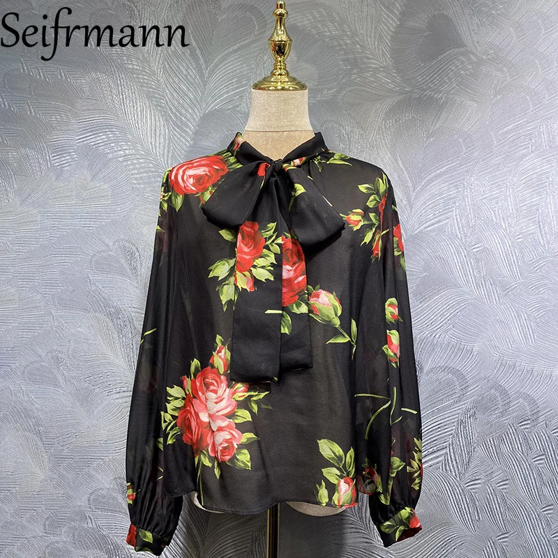 

Seifrmann 2026, весенняя женская новая модная высококачественная шелковая рубашка с воротником уздечка и длинными рукавами с принтом