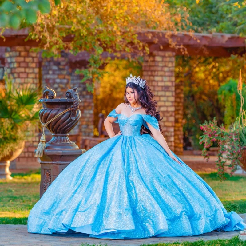 사용자 정의 반짝 이는 복숭아 핑크 오프 어깨 Quinceanera 드레스 Tull 크리스탈 3D 꽃 레이어링 applique vestidos de 15 Quinceanera