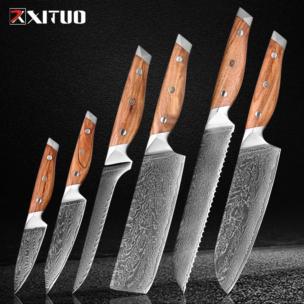 

Профессиональные кухонные ножи, 1-6 шт., набор из дамасской стали для Santoku, клевера, пирсинга, хлеба, глажки, кухонных ножей с ручкой из оливкового дерева
