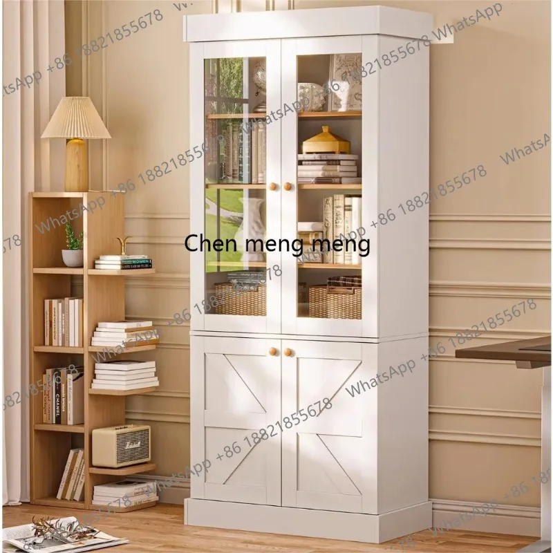 71" high rustic white farmhouse kitchen pantry cabinet with glass doors & adjustable