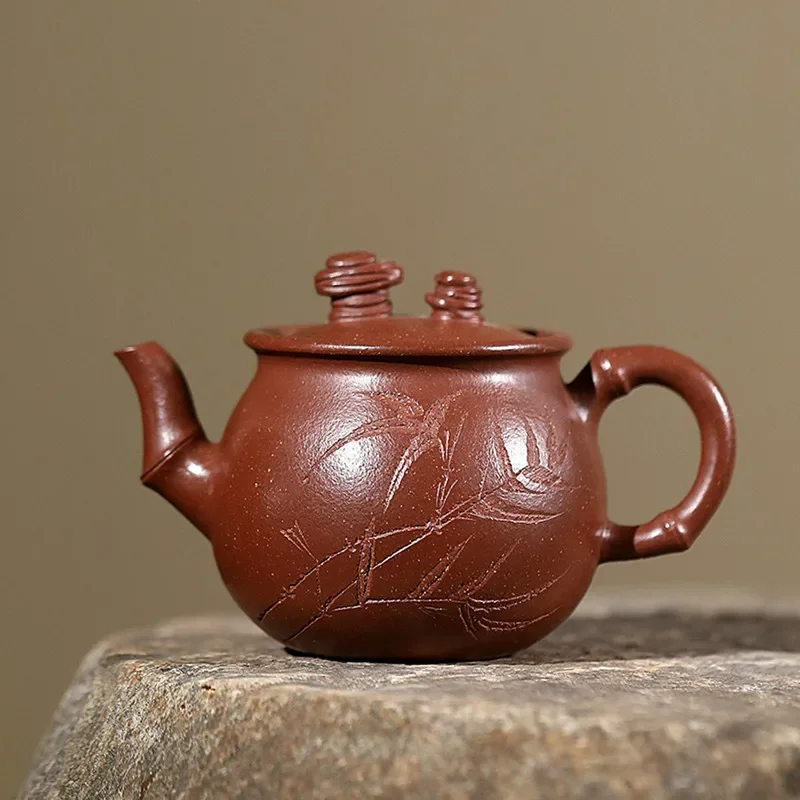 Yixing Handmade Purple Clay Teapot Hand-carved Bamboo Leaf Tea Pot Beauty Tea Infuser Kettle Chinese Zisha Tea Set 140ml