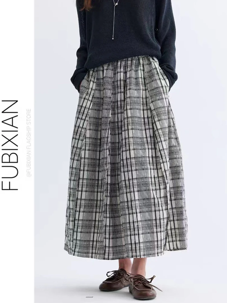 

Stunning Retro Plaid A-Line Skirt Women's High Waist Loose Slimming Long Skirt Spring 2026 New Style Casual Cotton Blend