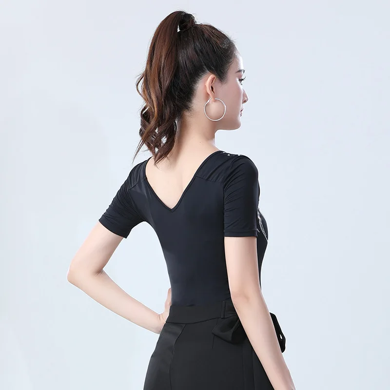 2024 New Adult Women Latin Dance Top Ballroom Balck Sexy V-neck Drill Short Sleeve Summer Ice Silk Cool Fabric Dancing Blouse