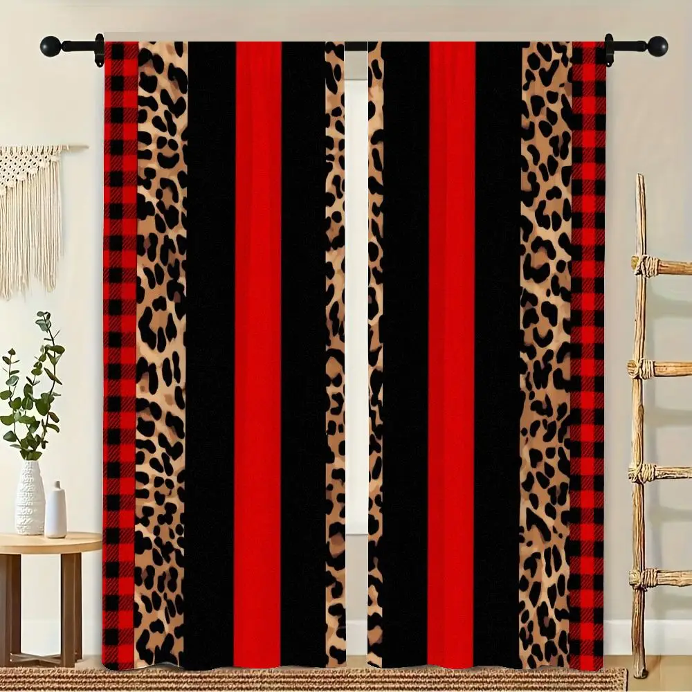 

2Pcs Curtain Red Black Checkered Sections Stripes With Leopard Window Drapes for Bedroom Living Room Decoration Window Treatment