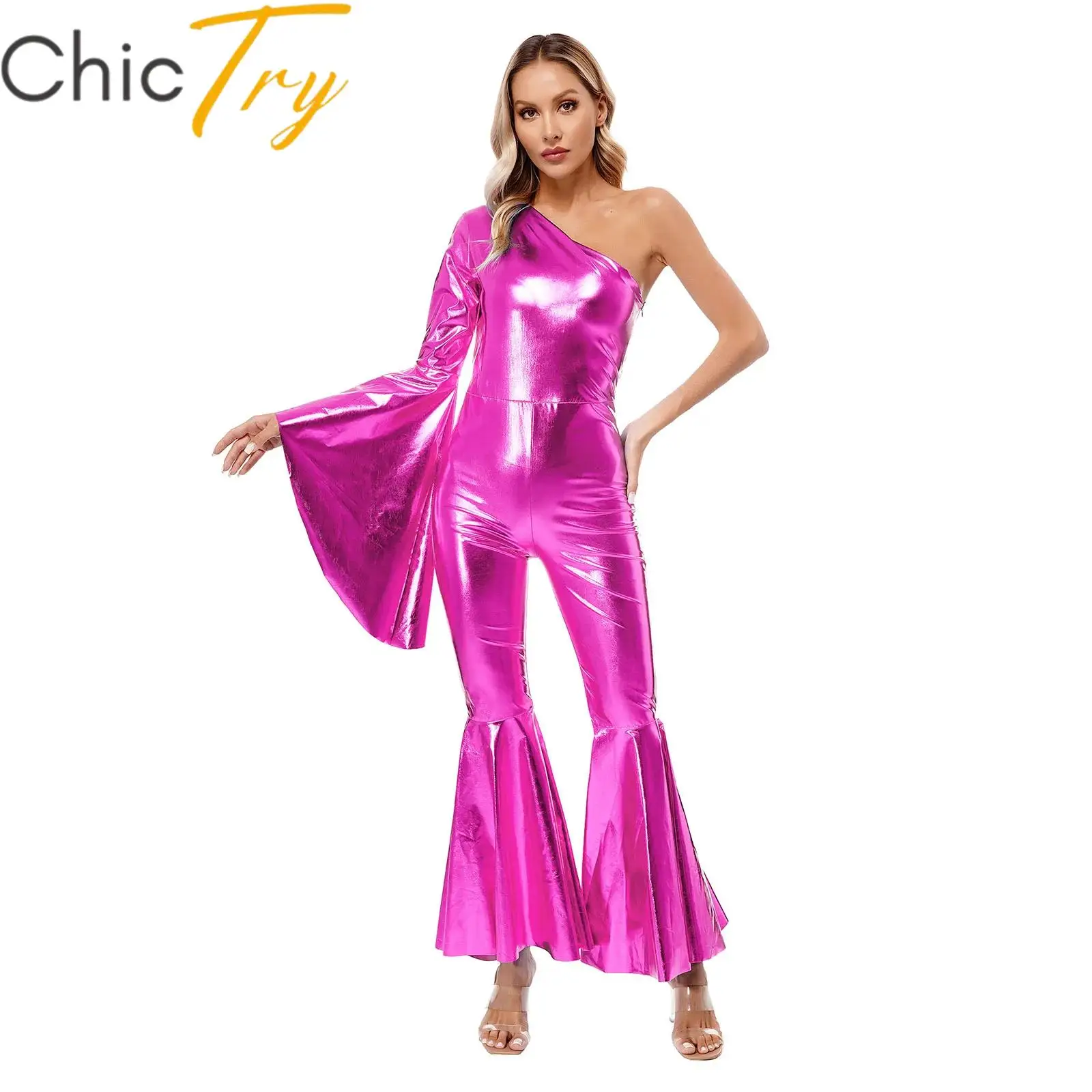 

Womens Metallic Shiny 70s Disco Costume Nightclub Party Jumpsuit Flare Bell Bottom Romper Flare Sleeve Leotard Stage Dress Up