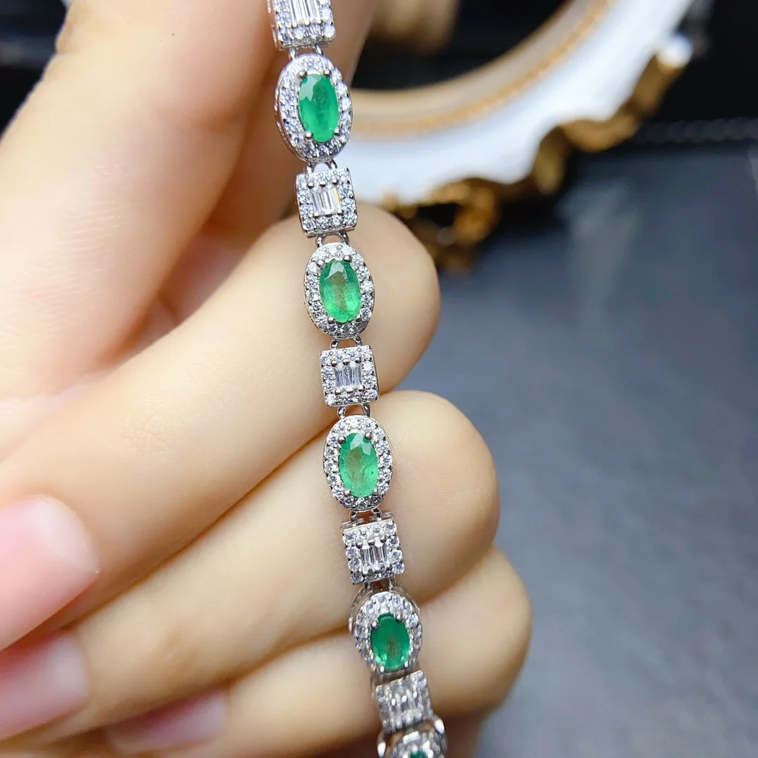 FS 3*5mm Natural Emerald Bracelet S925 Sterling Silver for Women Fine Fashion Charm Weddings Jewelry MeiBaPJ  