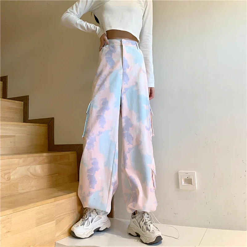 

Tie Dye Overalls Women Harajuku y2k Big Pockets Cargo Pants Women High Waist Loose Streetwear Trousers Hip Hop Joggers Pantalon