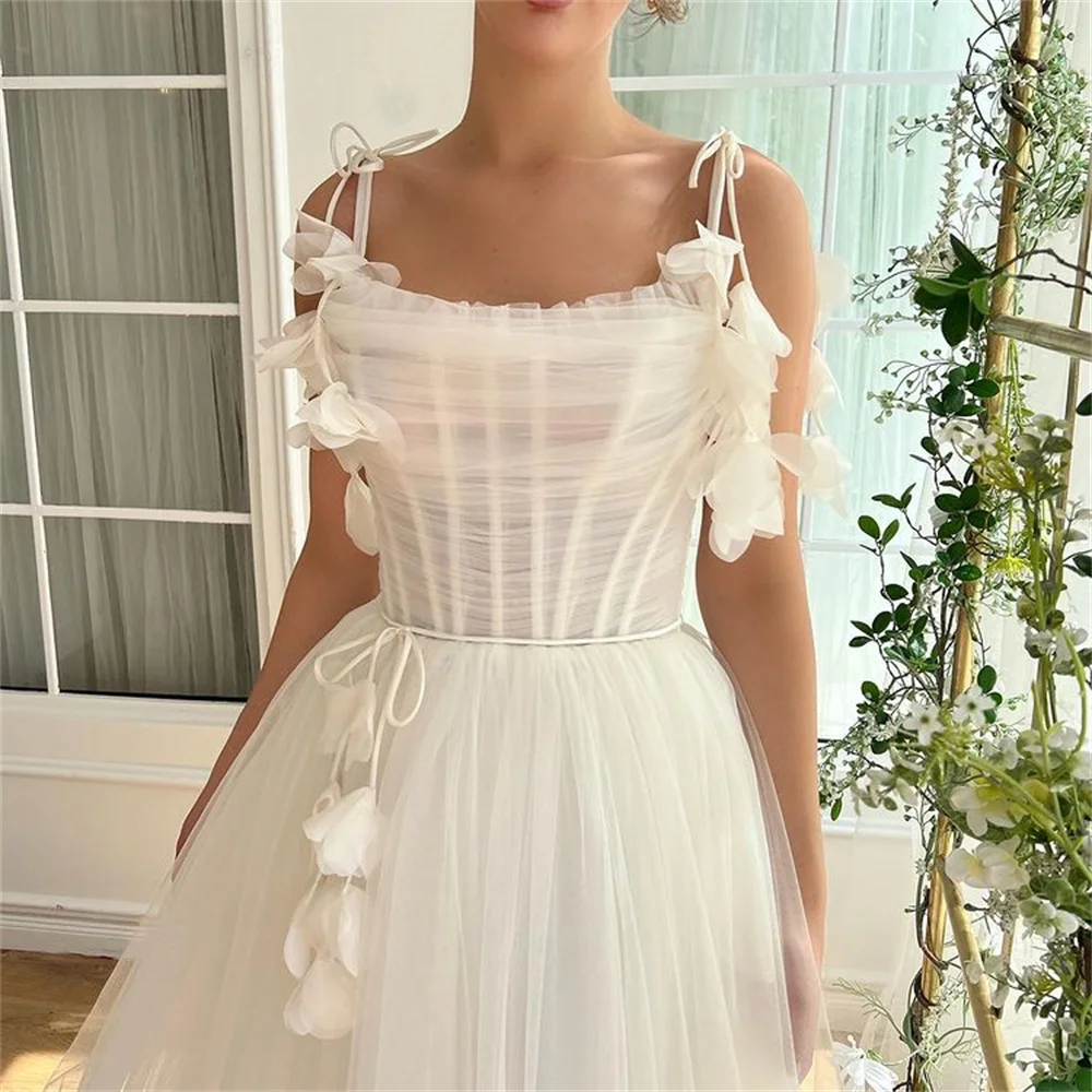 Cathy Princess White Tulle Wedding Dresses Spaghetti Strap with Flowers فساتين سهرة Elegant Ankle-length vestidos de fiesta 2024