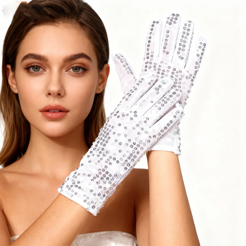 PESENAR Silver Sequin Gloves For 70s Disco Costume Party Retro Theme Events Accessory