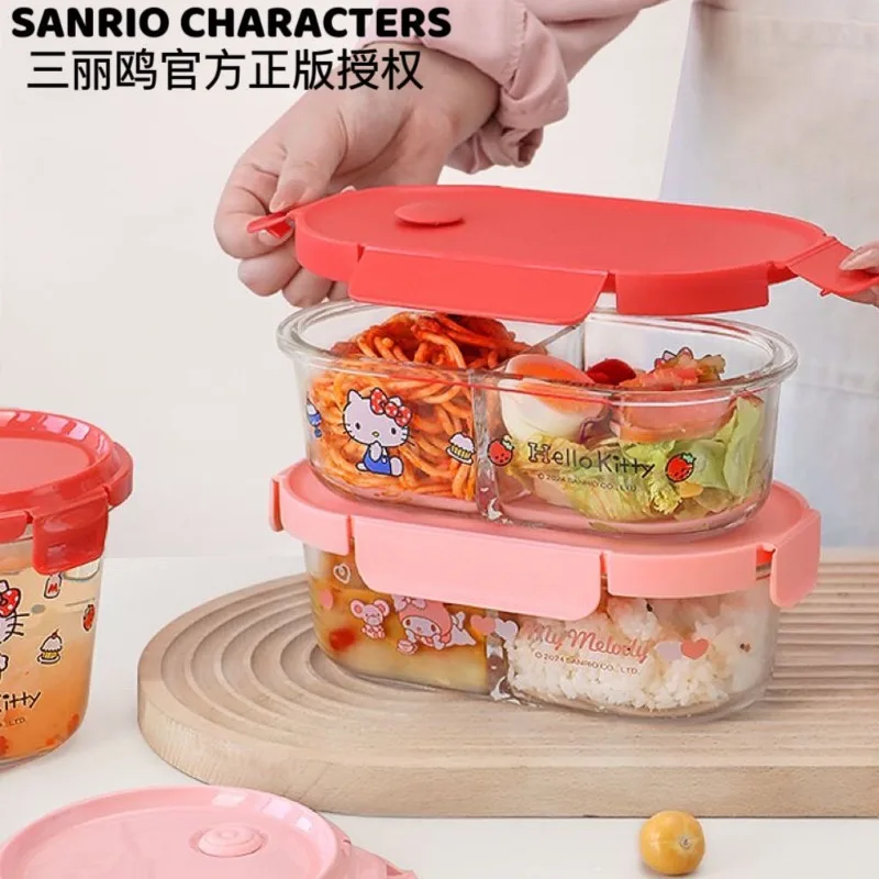 Sanrio Hello Kitty Kuromi My melody cartoon glass lunch box microwave heating crisper divider with lid sealed lunch soup bowl