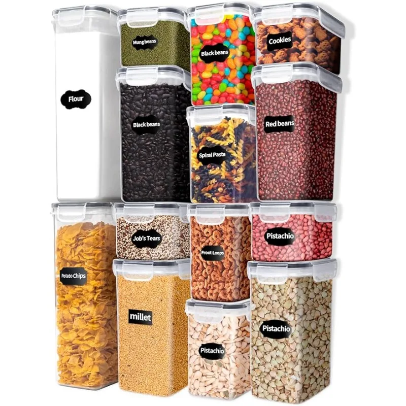 

Airtight Food Storage Containers with Lids,14 Pcs Plastic Dry Food Canisters, Dishwasher safe,Include 20 Labels and Marker,Black