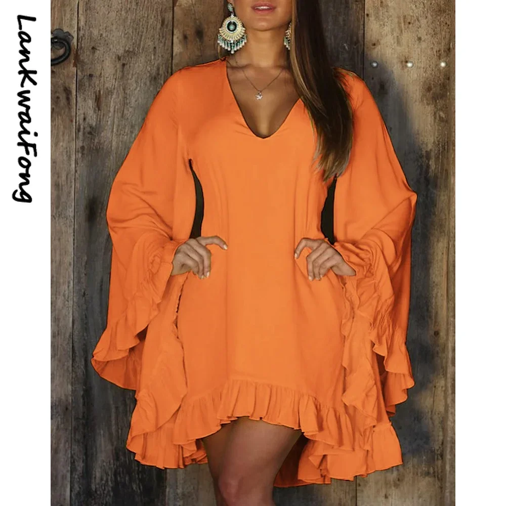 

. Elegant Women's Wear Polyester Pullover V-shaped Solid Color Loose Trumpet Sleeve Street Casual Dress