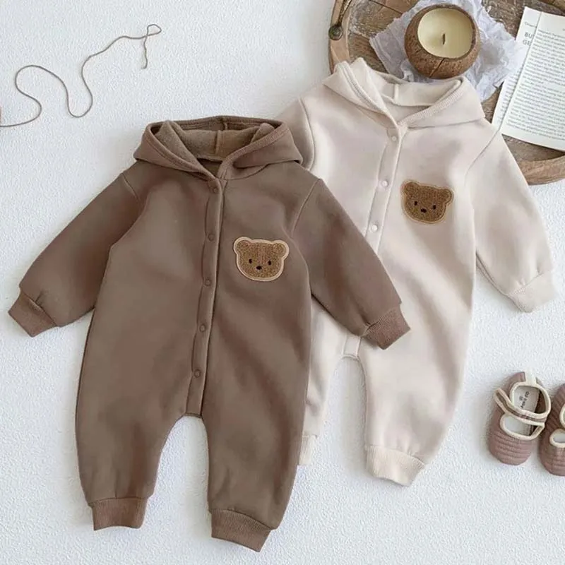 2024 Winter Warm Newborn Baby Clothes Boys Cotton Babies Romper Cartoon Bear Long Sleeve Hooded Girl Bodysuit for 0-24M Clothing