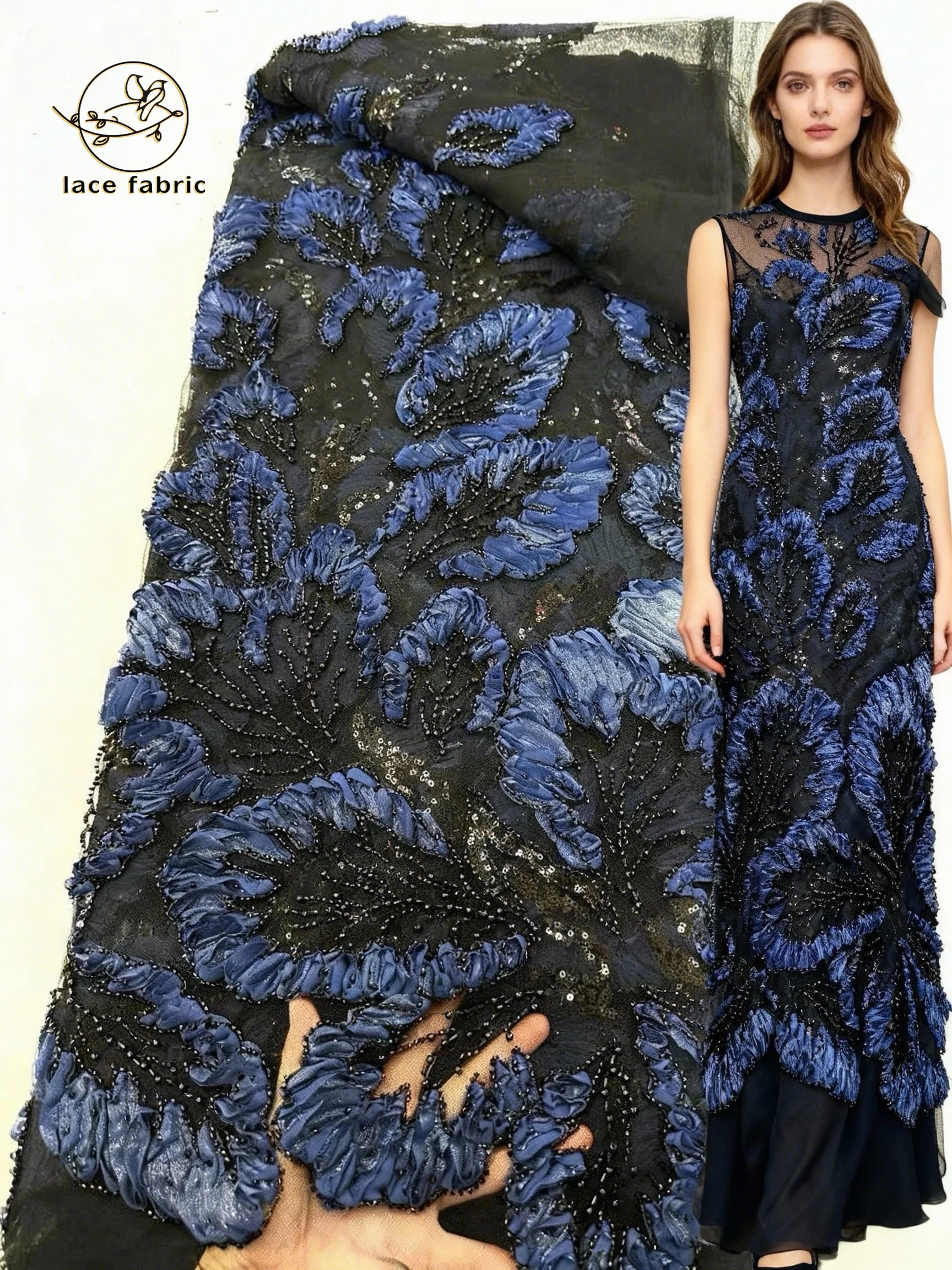 

African 3D Lace Fabric 2026 Embroidery Luxury French Mesh with Sequins Beads Nigerian Tulle Lace for Wedding Party Dress Latest
